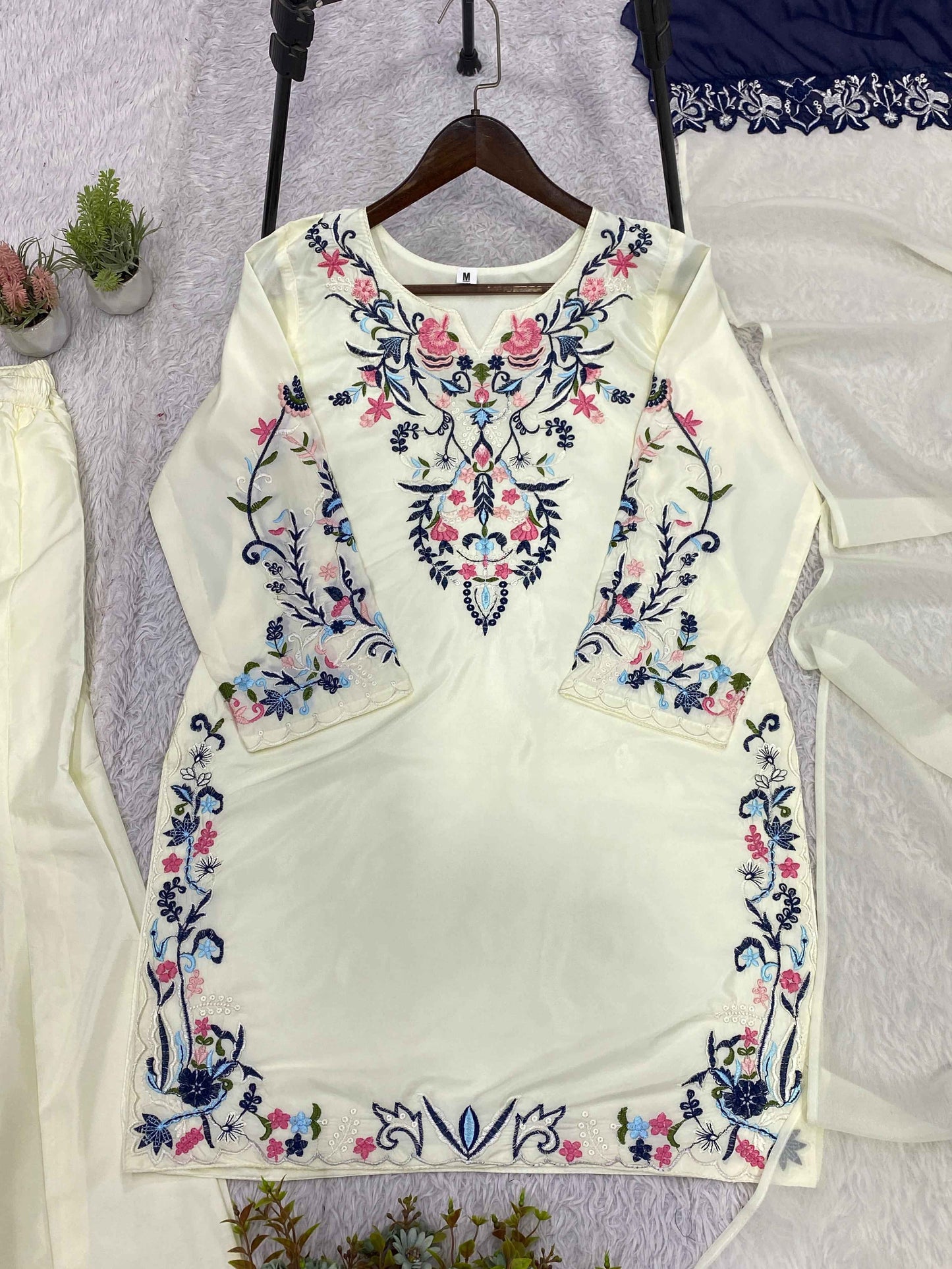 Crape Silk Embroidered Plazzo Suit
