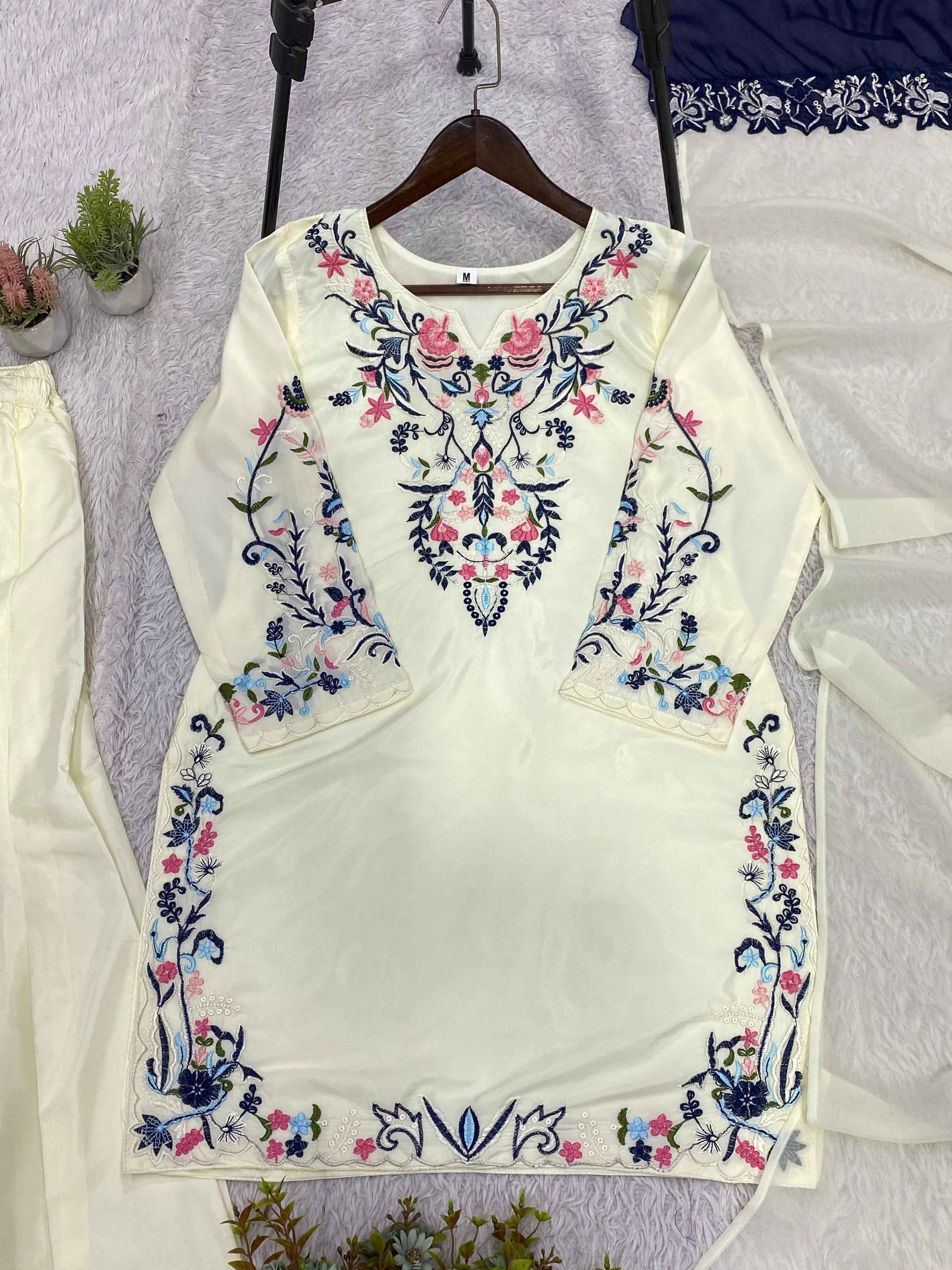 Crape Silk Embroidered Plazzo Suit
