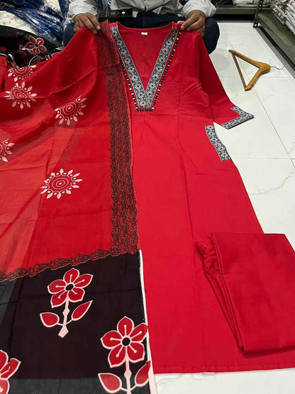 Detailed front view of the matching red cotton trousers pants showcasing the comfortable waist line and regular thirty nine inch height tailoring.
