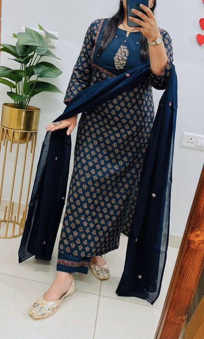 Detailed front view of the matching navy blue heavy cotton trousers pants displaying the comfortable structured waist line and regular straight leg opening.