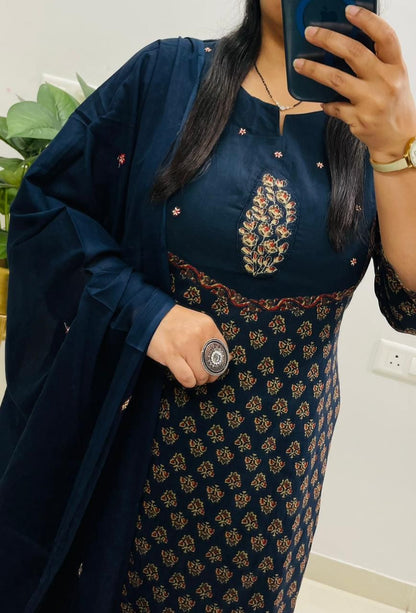 High resolution view of the premium navy blue pure cotton one hundred by one hundred dupatta scarf showcasing the soft breathable weave and neat borders.