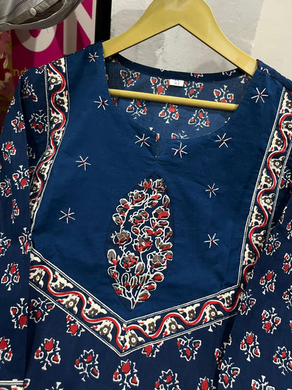 Back angle presentation of the navy blue casual cotton kurta showing the uniform deep color texture and clean professional tailoring lines.