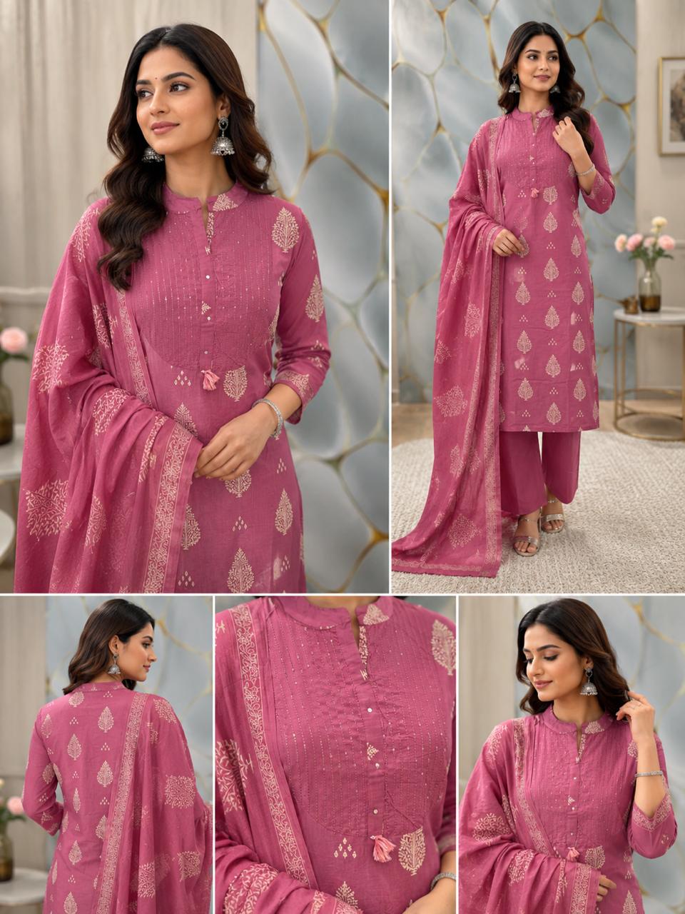 Front view of full three piece onion pink cotton discharge print suit set displaying a highlighted kurti top straight trousers and a printed dupatta scarf.