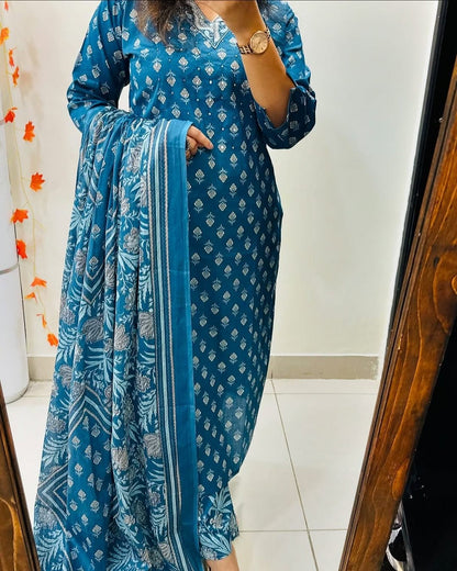 Close up view of detailed traditional hand work and premium intricate thread embroidery patterns on a bright blue heavy cotton kurta bodice.