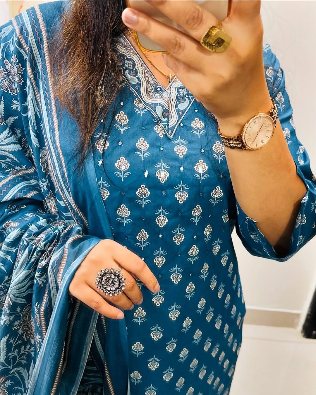 High resolution view of the premium blue pure cotton one hundred by one hundred dupatta scarf showcasing the soft breathable weave and neat borders.