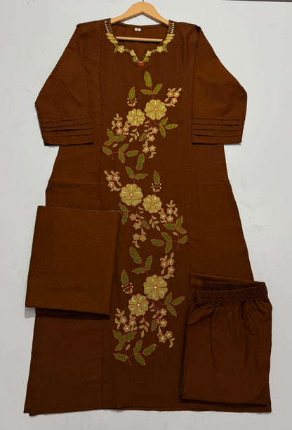 Side perspective presentation of the fully stitched klosia brown ethnic tunic highlighting the clean tailored seams and forty six inch regular fit length.
