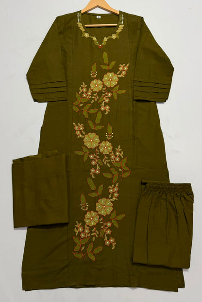 Side perspective presentation of the fully stitched olive green ethnic tunic highlighting the clean tailored seams and forty six inch regular fit length.