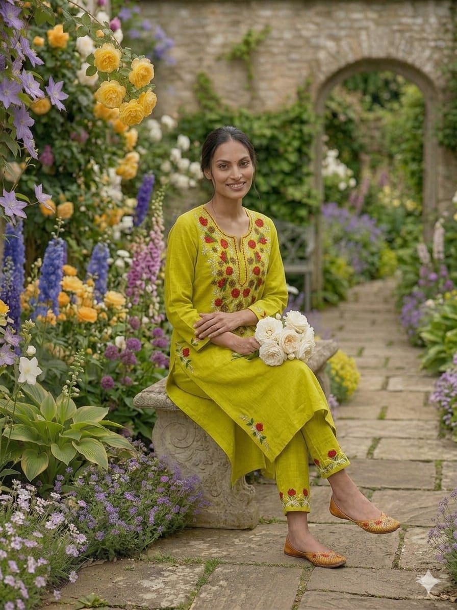 Side perspective presentation of the fully stitched lemon green ethnic top highlighting the premium clean seams and standard regular fit outline.