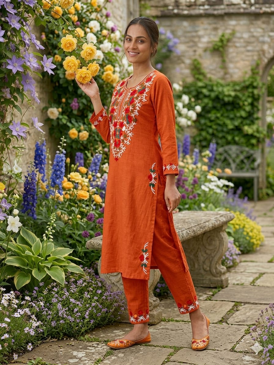 Front close view of the matching rust orange cotton palazzo pants showing the relaxed wide leg opening and clean structural stitching lines.