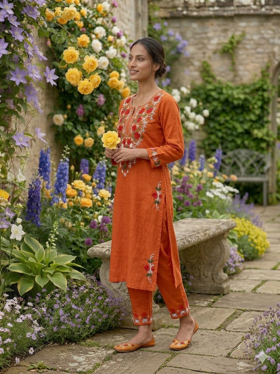 Front view of full two piece rust orange heavy aari work kurta set displaying a manually embroidered tunic top and wide leg palazzo trousers.