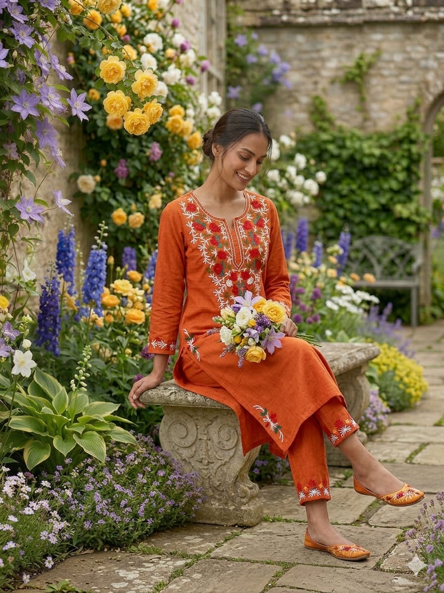 Close up view of detailed manual artisan heavy aari work embroidery and intricate thread design patterns on a rust orange cotton fabric bodice.