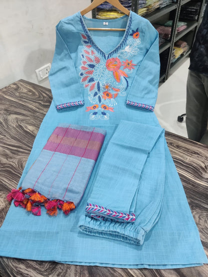 Close up view of the trendy style v neck detailing and clean woven texture patterns on a bright sky blue pure handloom cotton fabric bodice canvas.