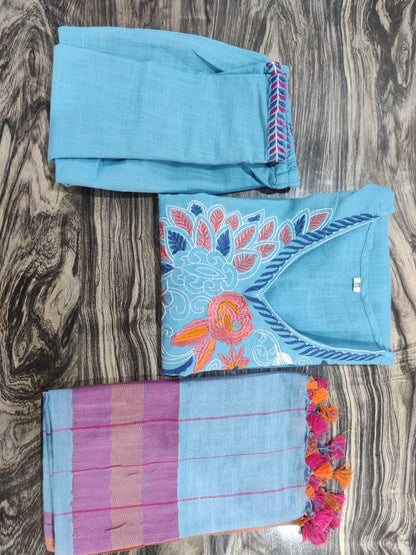 Detailed front view of the matching sky blue handloom cotton pants trousers showing the comfortable structured waistband and tailored leg openings.