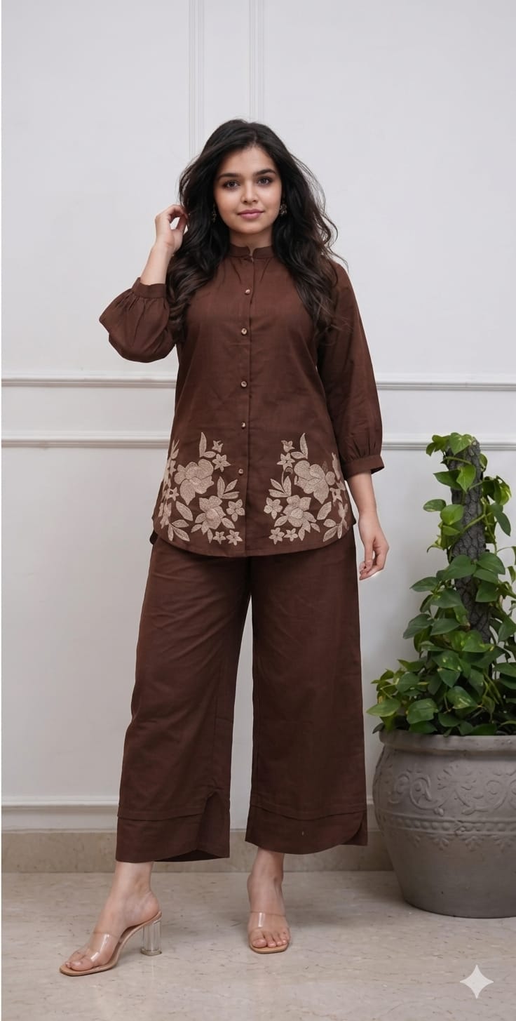 Detailed front view of the coffee brown matching trousers showcasing the comfortable waist area and straight leg opening tailoring.