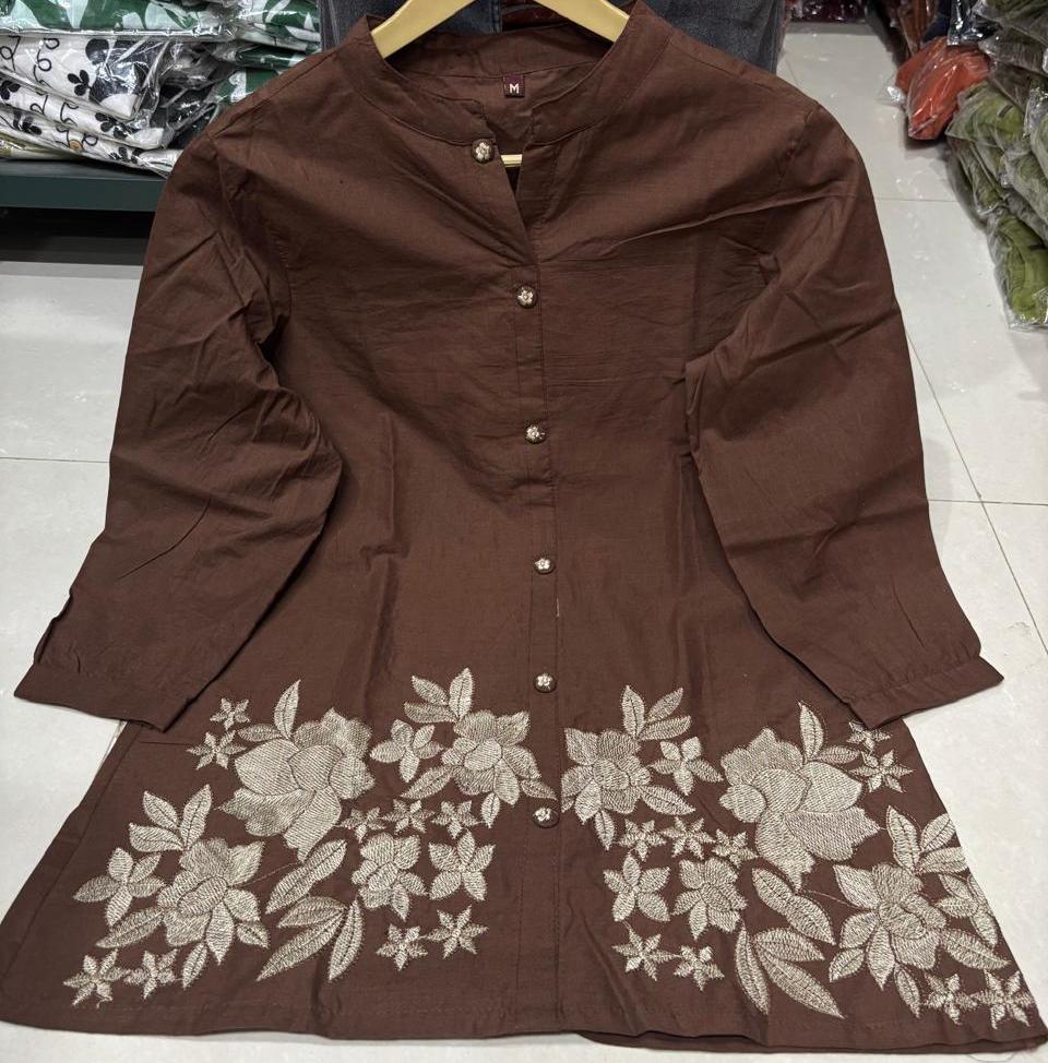 Side perspective presentation of the fully stitched coffee brown casual tunic highlighting the clean tailored seams and relaxed regular fit line.