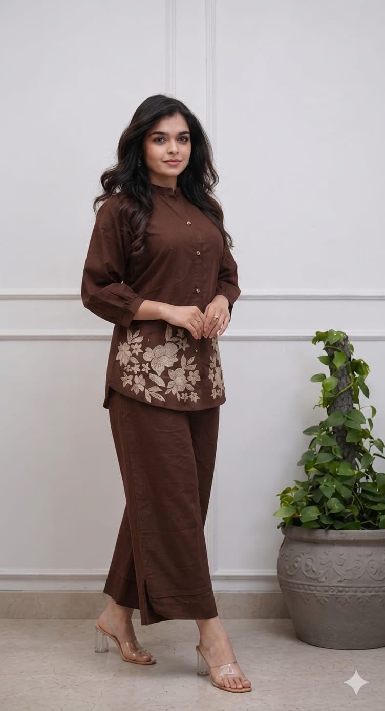 Front view of full two piece coffee brown premium cotton embroidery co ord set displaying a beautifully embroidered tunic top and matching straight trousers.
