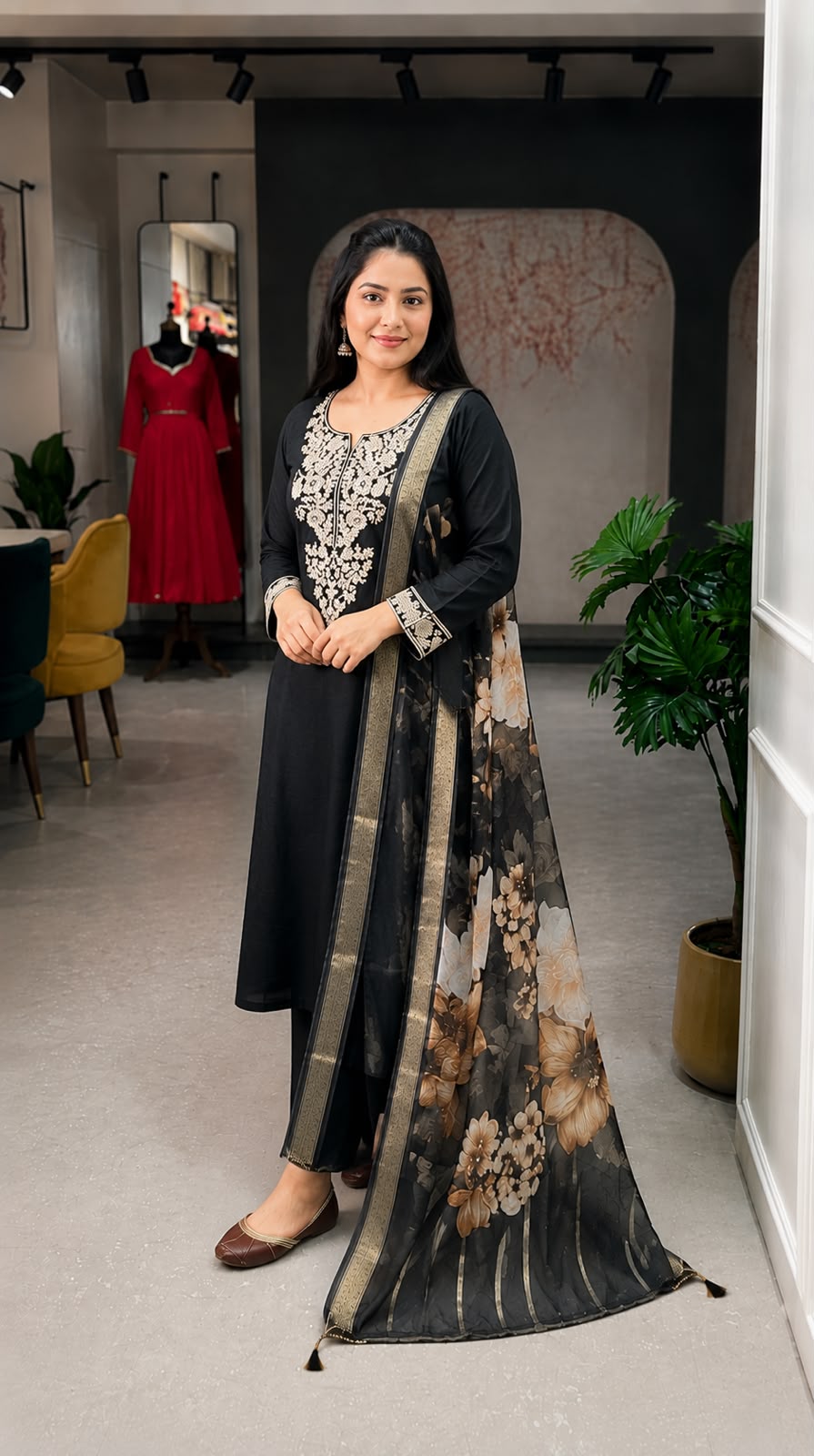 Front close view of the matching black roman silk trousers pants showing the luxurious material texture and comfortable structured waist area.