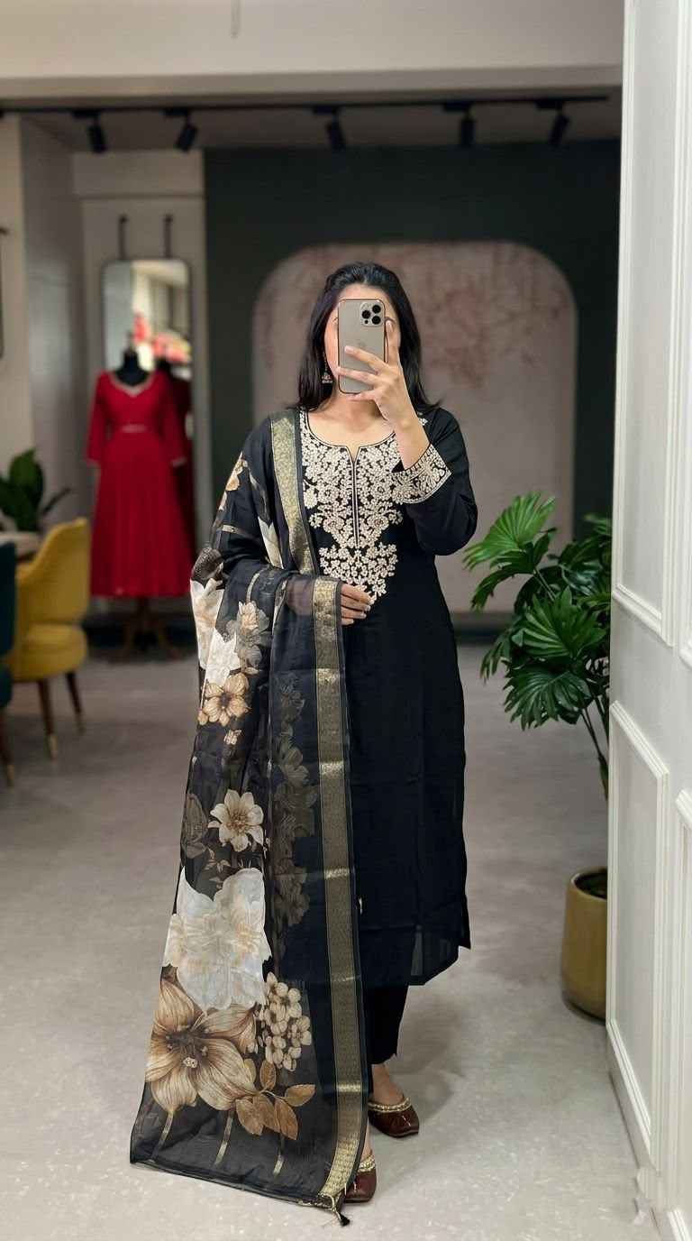 Close up view of detailed heavy traditional embroidery work patterns and fine thread stitching lines on the deep black roman silk kurta bodice.