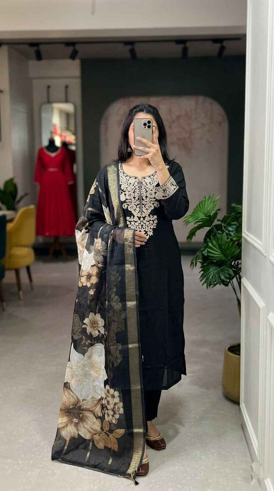 Black Embroidered Roman Silk Kurta Set