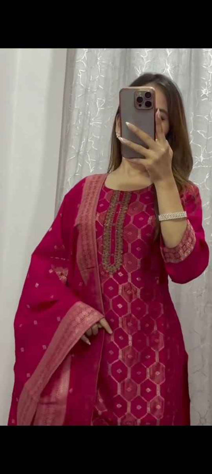 Side perspective presentation of the fully stitched dark pink ethnic top highlighting the clean tailored seams and straight regular fit outline.