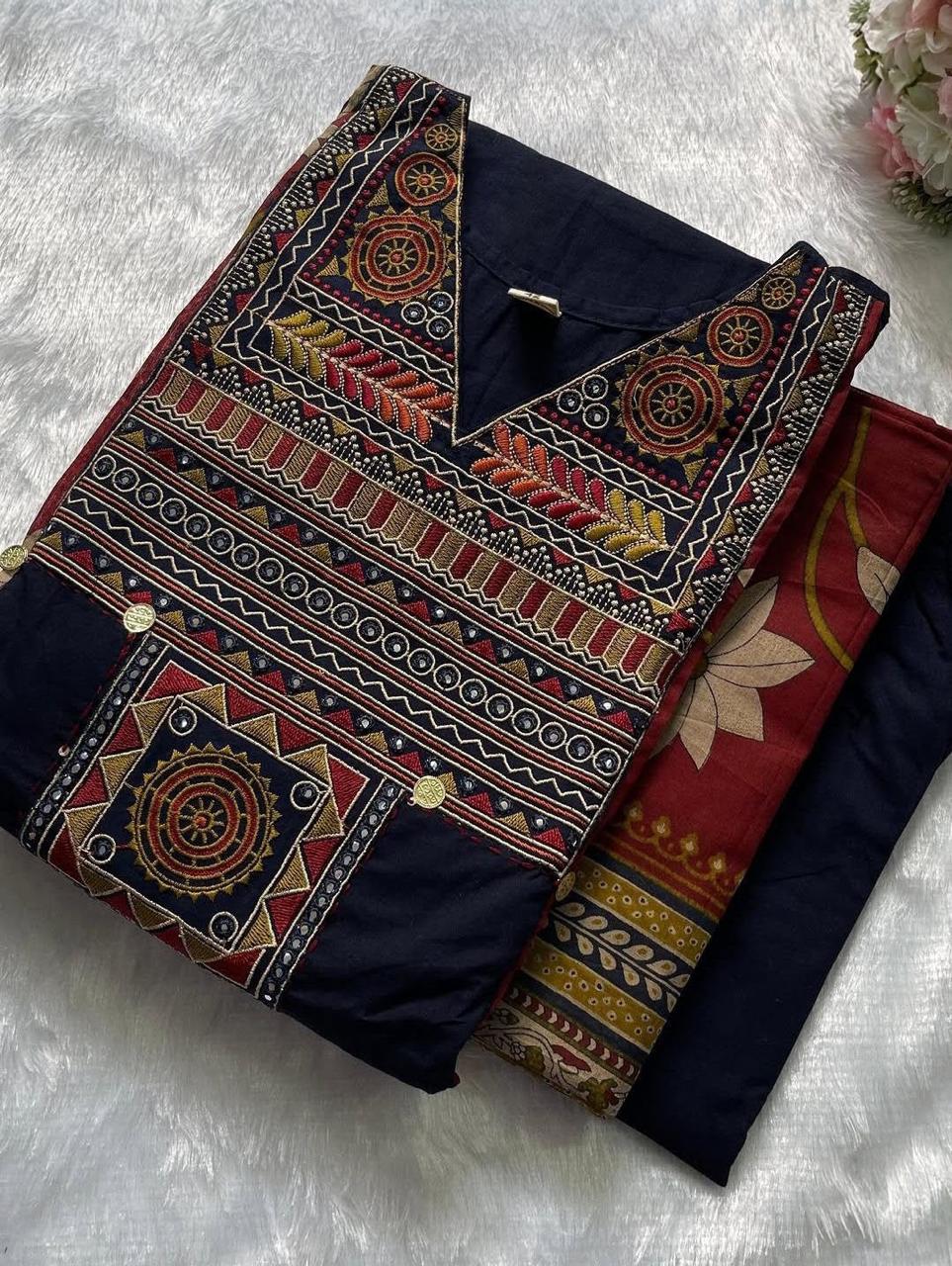 Side perspective presentation of the fully stitched navy blue casual ethnic tunic highlighting the clean tailored side seams and straight fit outline.