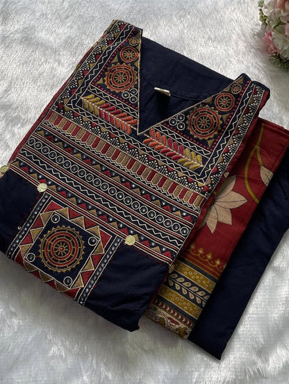 Side perspective presentation of the fully stitched navy blue casual ethnic tunic highlighting the clean tailored side seams and straight fit outline.