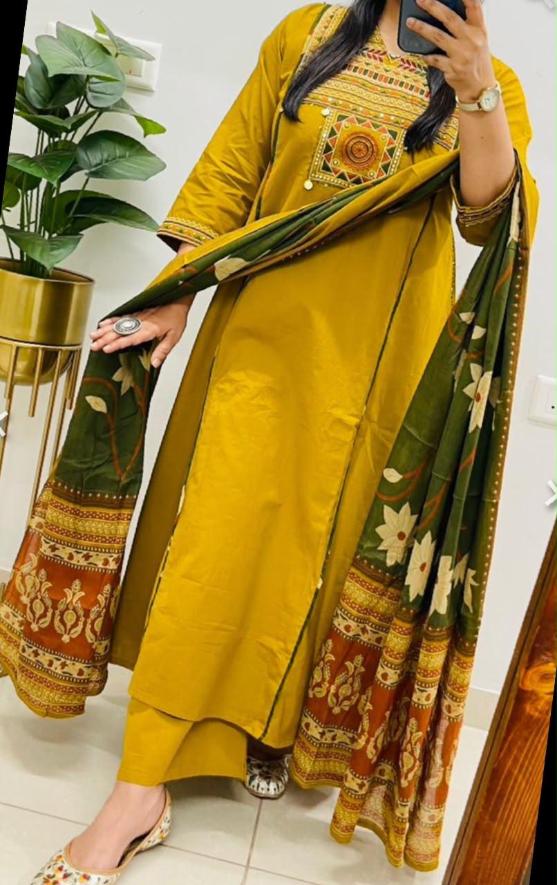 Front view of full three piece yellow pure cotton embroidery suit set displaying the embroidered yoke top trousers and matching full dupatta.