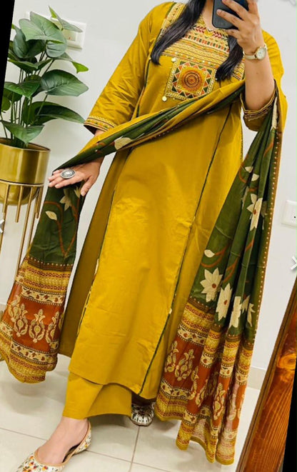 Front view of full three piece yellow pure cotton embroidery suit set displaying the embroidered yoke top trousers and matching full dupatta.