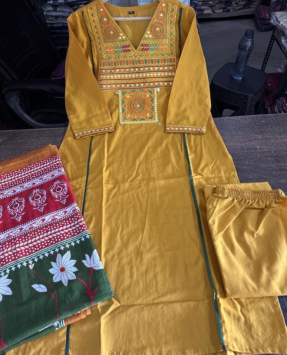 Close up view of detailed traditional thread embroidery work and intricate weaving patterns on a bright yellow pure cotton fabric yoke panel.