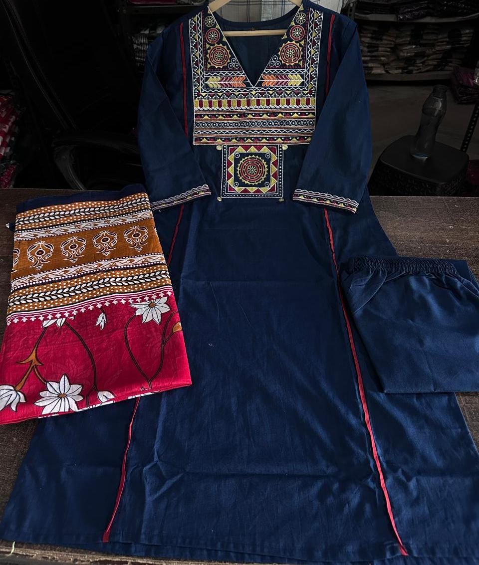 Close up view of detailed traditional thread embroidery work and intricate weaving patterns on a dark navy blue pure cotton fabric yoke panel.