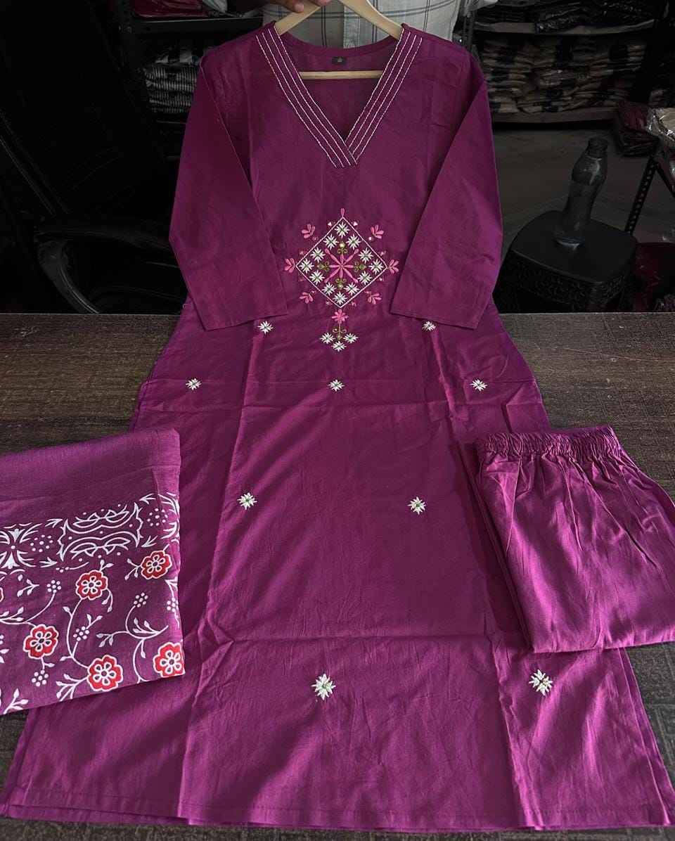 Heavy Cotton Embroidery Work Kurti Set