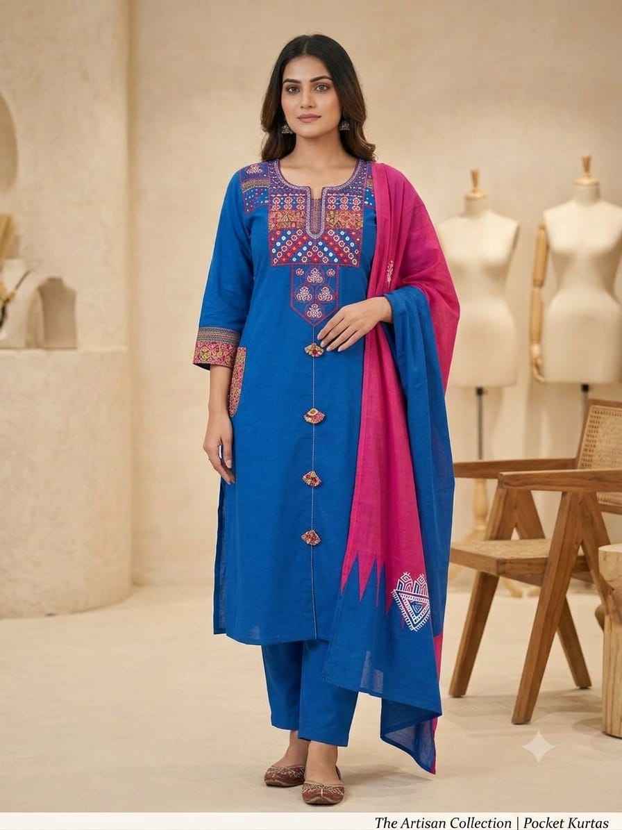 Pure Cotton Pocket Embroidery Suit Set