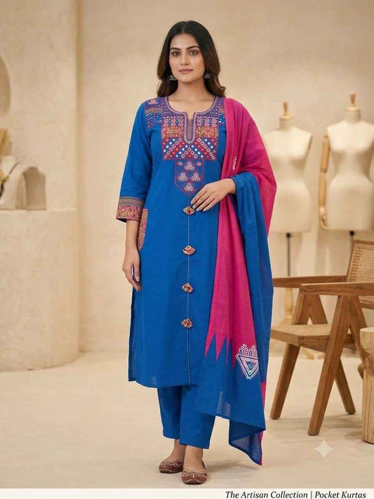 Pure Cotton Pocket Embroidery Suit Set