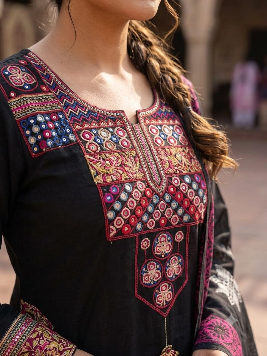Close up view of detailed traditional thread embroidery work and intricate weaving patterns on a deep black pure cotton fabric yoke panel - WishTown Fashion Club