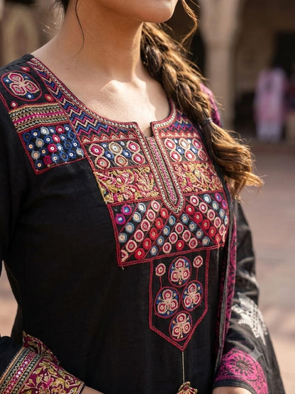 Close up view of detailed traditional thread embroidery work and intricate weaving patterns on a deep black pure cotton fabric yoke panel - WishTown Fashion Club