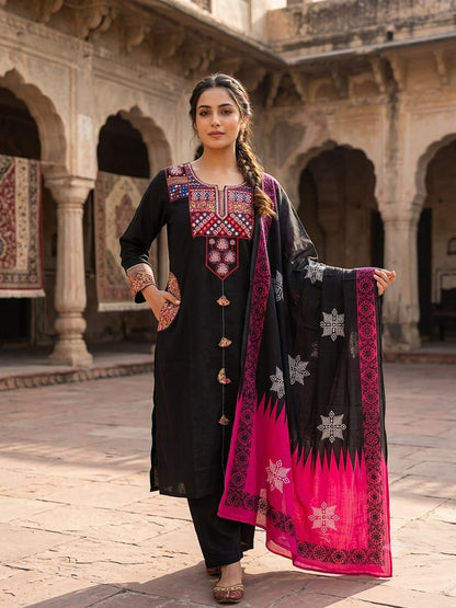 Front view of full three piece black pure cotton pocket embroidery suit set displaying the embroidered yoke top trousers and matching full dupatta - WishTown Fashion Club