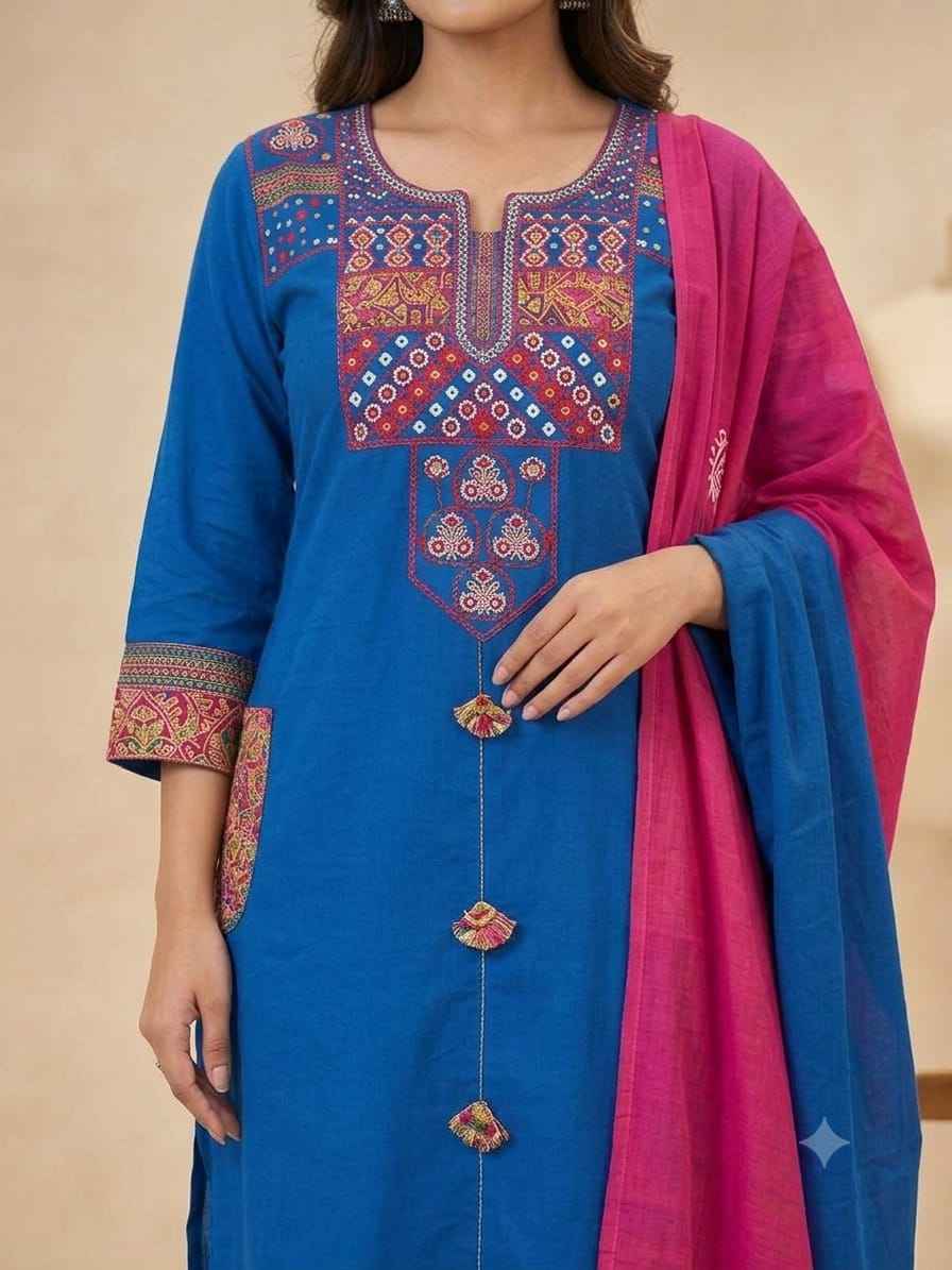 Pure Cotton Pocket Embroidery Suit Set