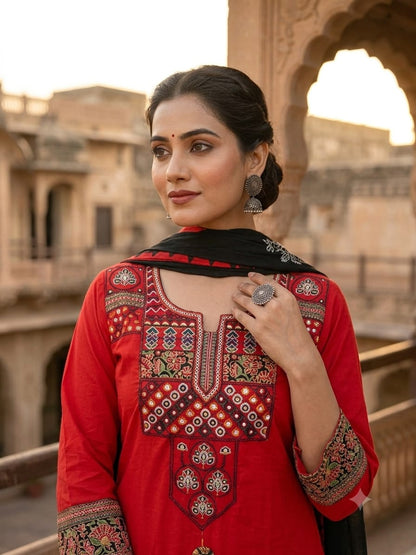 Close up view of detailed traditional thread embroidery work and intricate weaving patterns on a rich red pure cotton fabric yoke panel - WishTown Fashion Club