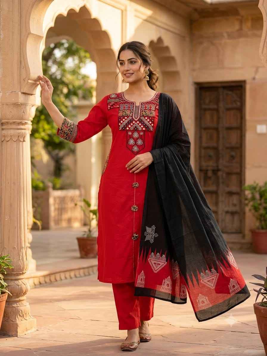 Pure Cotton Pocket Embroidery Suit Set