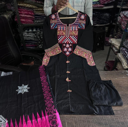 Side perspective presentation of the fully stitched black casual ethnic tunic highlighting the clean tailored side seams and straight fit outline - WishTown Fashion Club