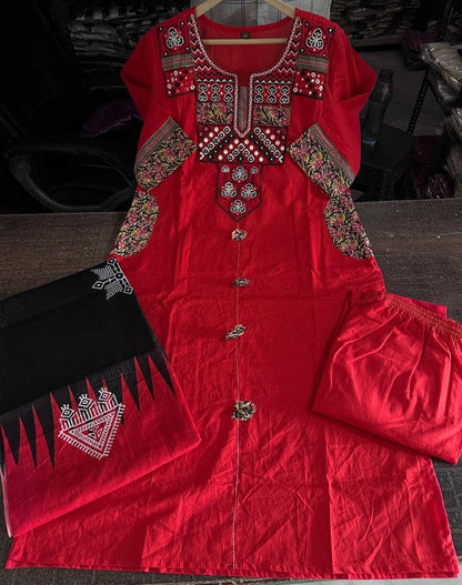 Side perspective presentation of the fully stitched red casual ethnic tunic highlighting the clean tailored side seams and straight fit outline - WishTown Fashion Club