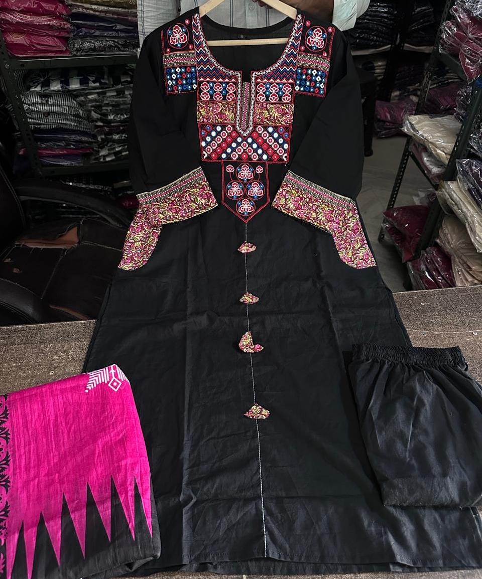 Detailed front view of the matching black cotton pants showing the structured comfortable waistband and neat lower hemline tailoring - WishTown Fashion Club