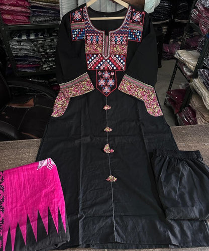 Detailed front view of the matching black cotton pants showing the structured comfortable waistband and neat lower hemline tailoring - WishTown Fashion Club