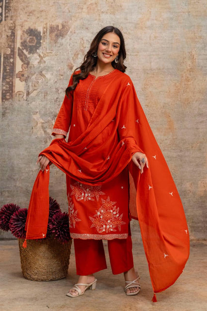 Front view of full three piece orange heavy cotton embroidery work kurti set displaying an embroidered tunic top straight pants and matching cotton dupatta - WishTown Fashion Club