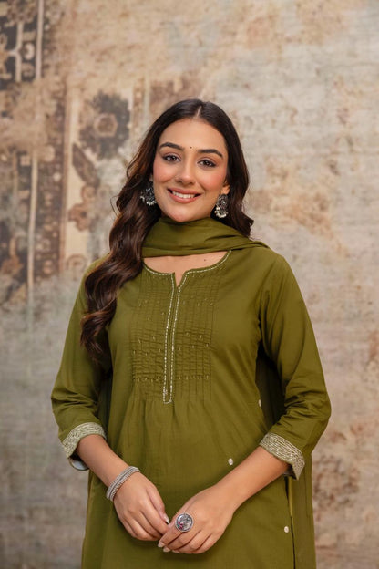 Side perspective presentation of the fully stitched olive green casual tunic highlighting the clean tailored side seams and relaxed fit outline - WishTown Fashion Club