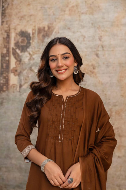 Side perspective presentation of the fully stitched coffee brown casual tunic highlighting the clean tailored side seams and relaxed fit outline - WishTown Fashion Club