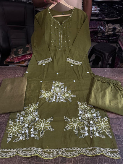 Close up view of detailed traditional embroidery work and high quality thread patterns on a rich olive green heavy cotton fabric bodice canvas - WishTown Fashion Club