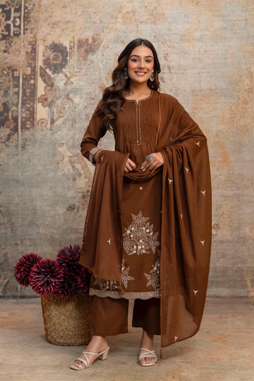 Front view of full three piece coffee brown heavy cotton embroidery work kurti set displaying an embroidered tunic top straight pants and matching cotton dupatta - WishTown Fashion Club