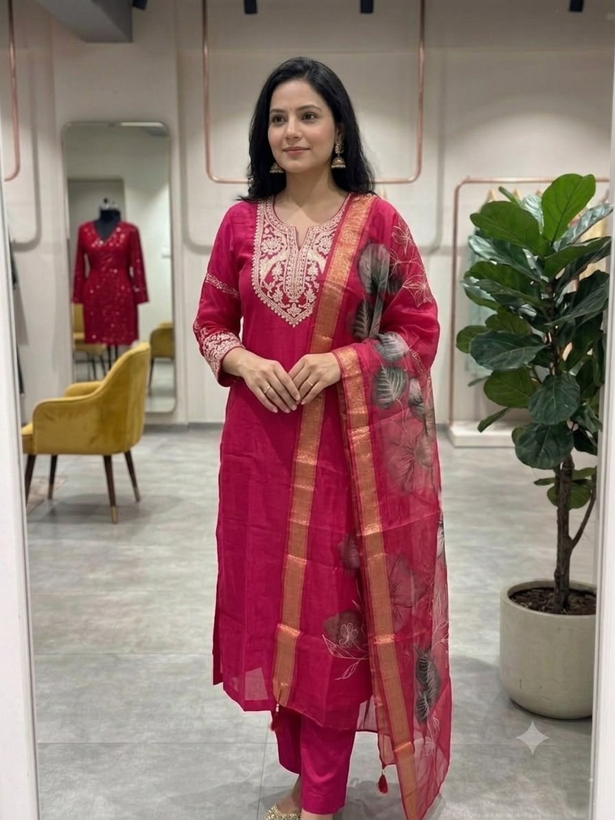 Front view of full three piece dark pink Roman silk heavy embroidery kurta set displaying embroidered tunic matching pants and digital print Chanderi dupatta - WishTown Fashion Club