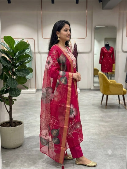 Side profile presentation of dark pink calf length forty-four plus inch Roman silk kurta showing clean tailored side seams - WishTown Fashion Club